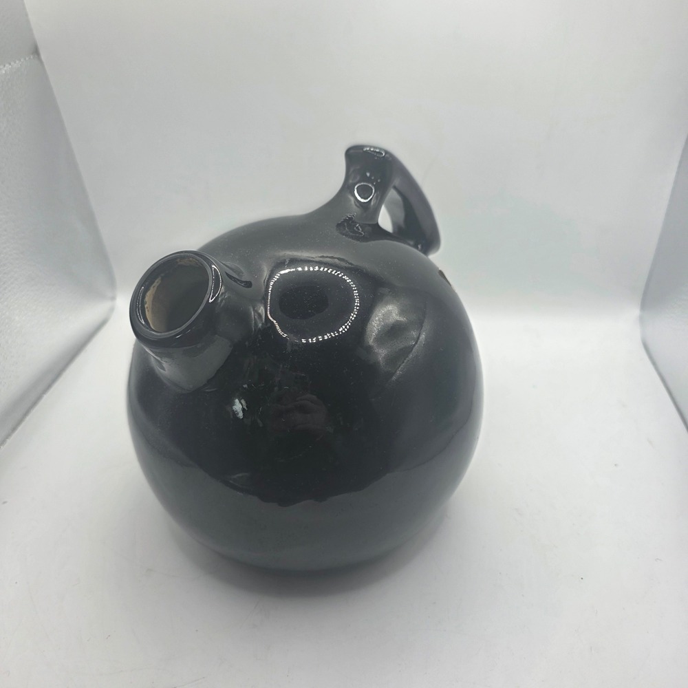 Vintage Camark Art Pottery Black Glossy Spherical Round Jug Single Handle Spout